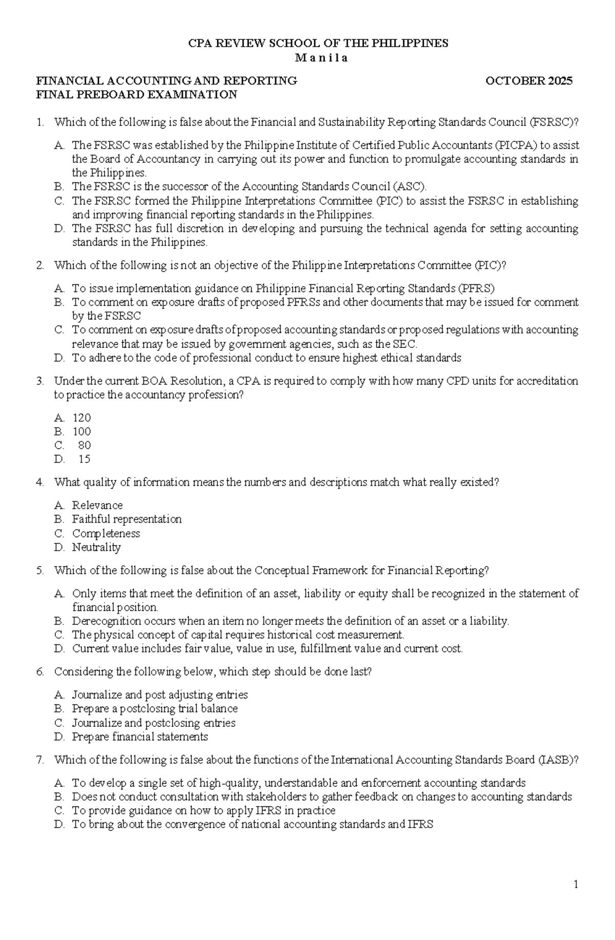 Batch 98 FAR Final Preboard Exam Review - October 2025 - Studocu