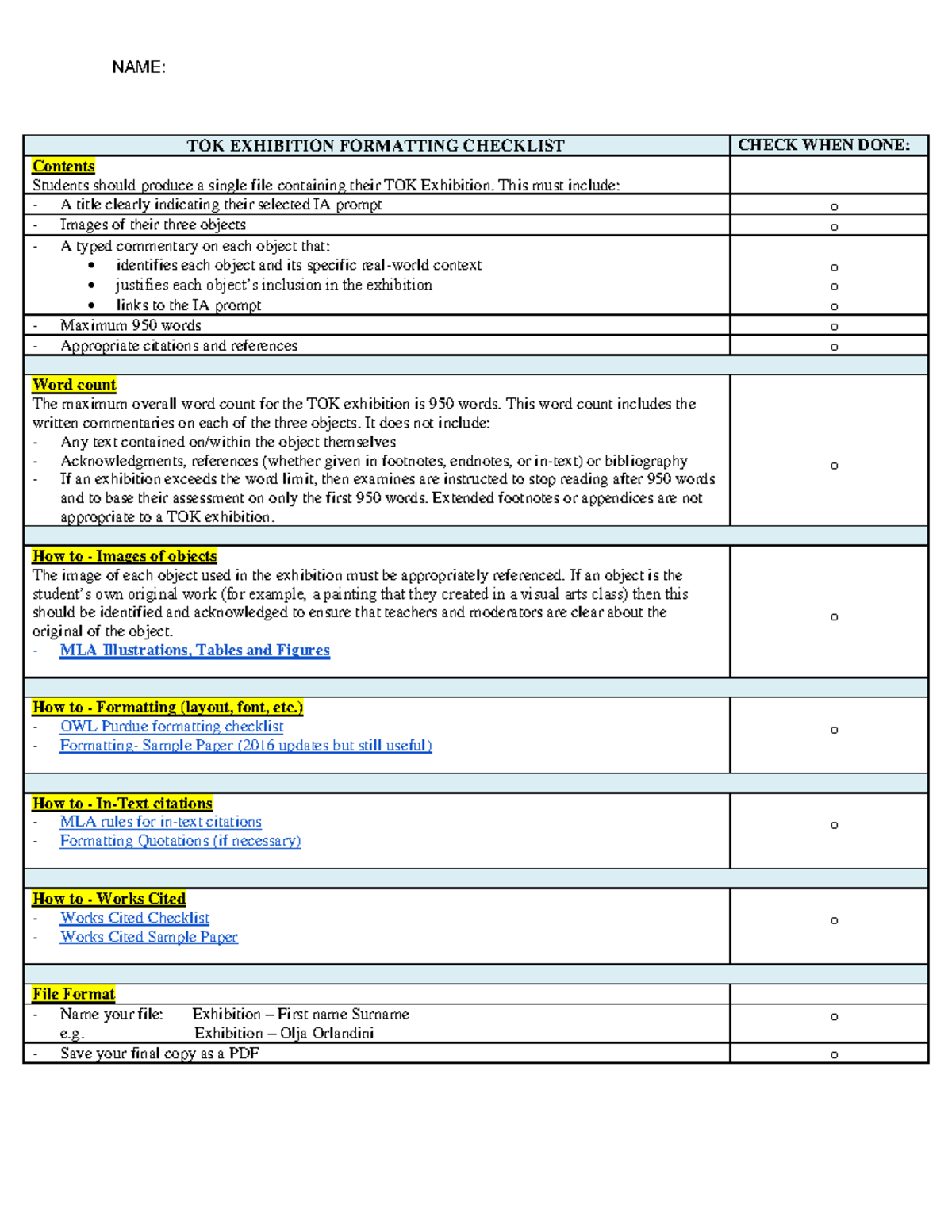 TOK - Exhibition Formatting Checklist Guide - Studeersnel