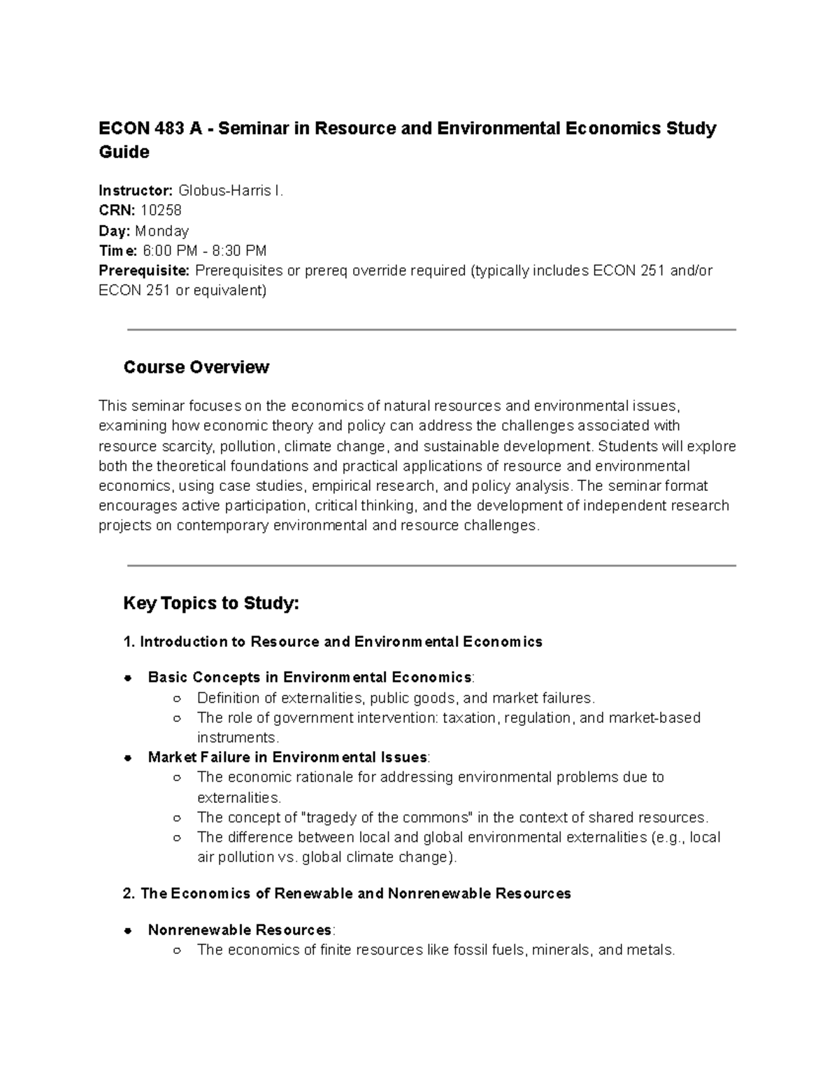 ECON 483 A - Seminar Study Guide: Resource & Environmental Economics ...