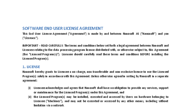 SOFTWARE END USER LICENSE AGREEMENT - Nanosoft Terms - Studocu