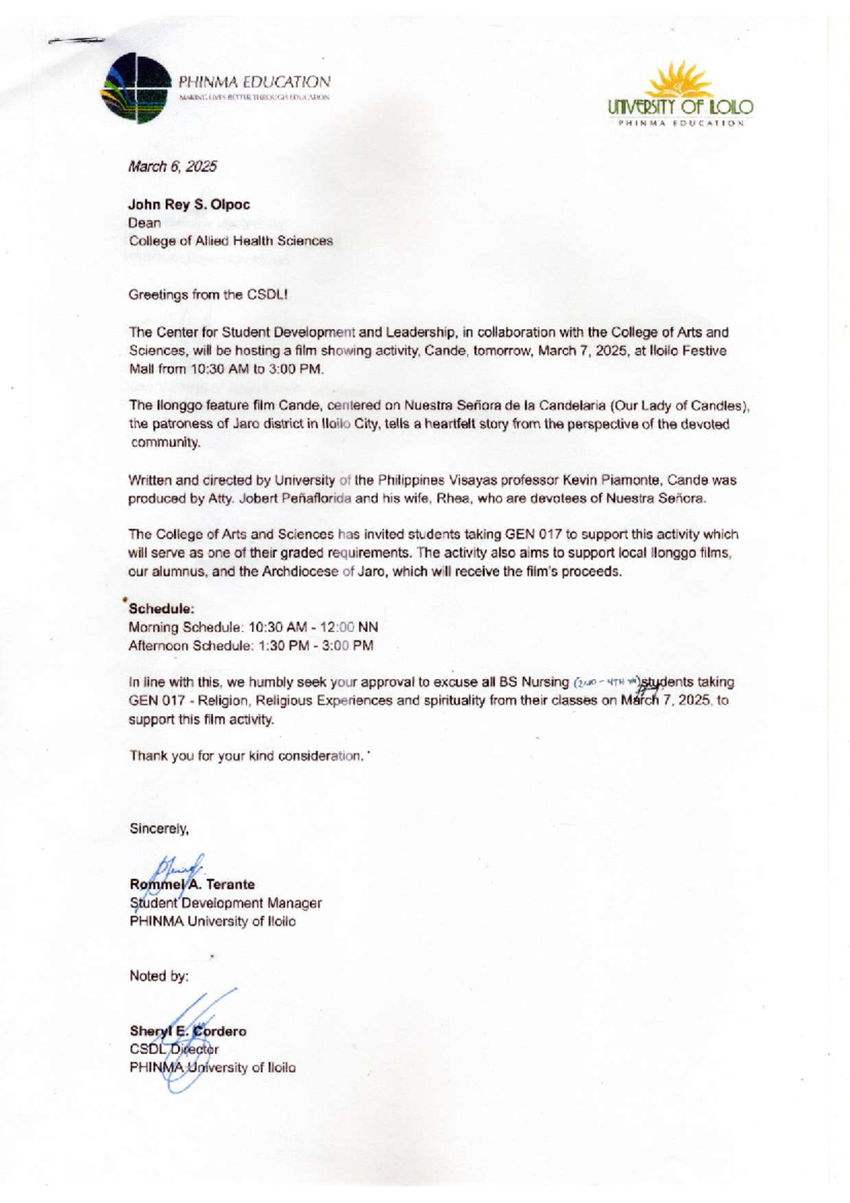 Cande- Excuse- Letter - PHINMA EDUCATION MAKING LIVES BETTER THROUGH ...