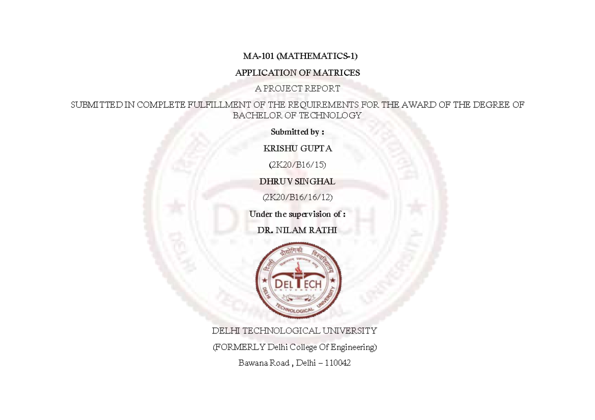 APPLICATION OF MATRICES: A B.Tech Project Report - Studocu