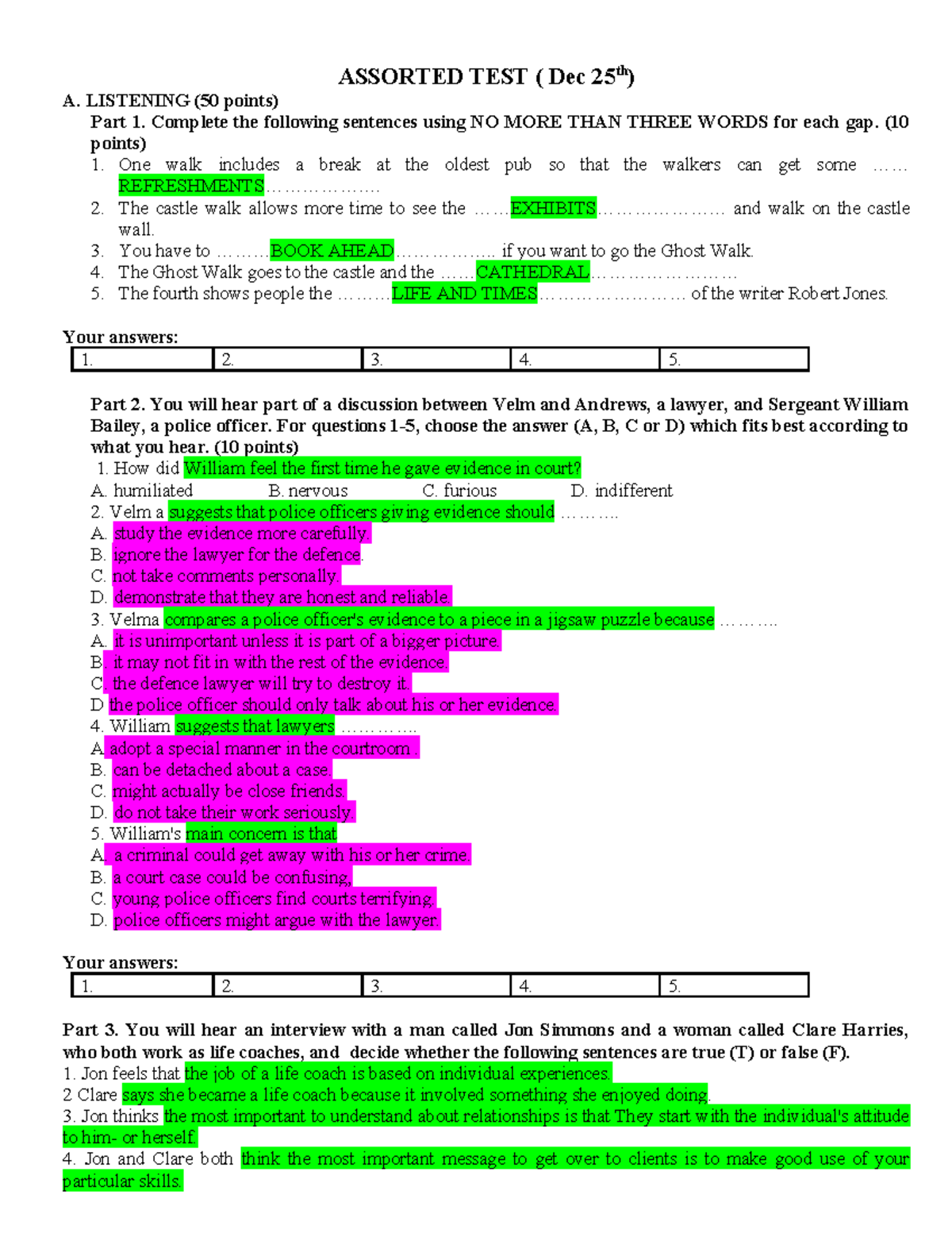Listening and Comprehension Test 10A1 - December 25th - Studocu
