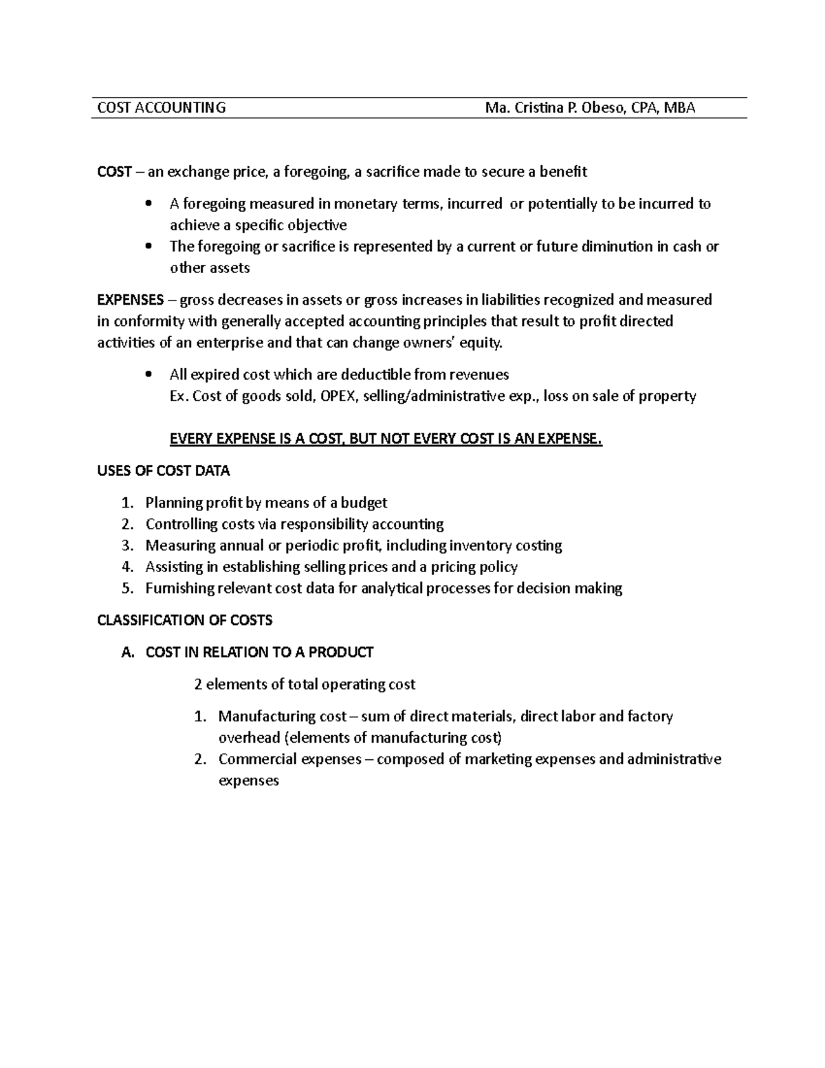 COST ACCOUNTING 101: Key Concepts and Classifications Explained - Studocu