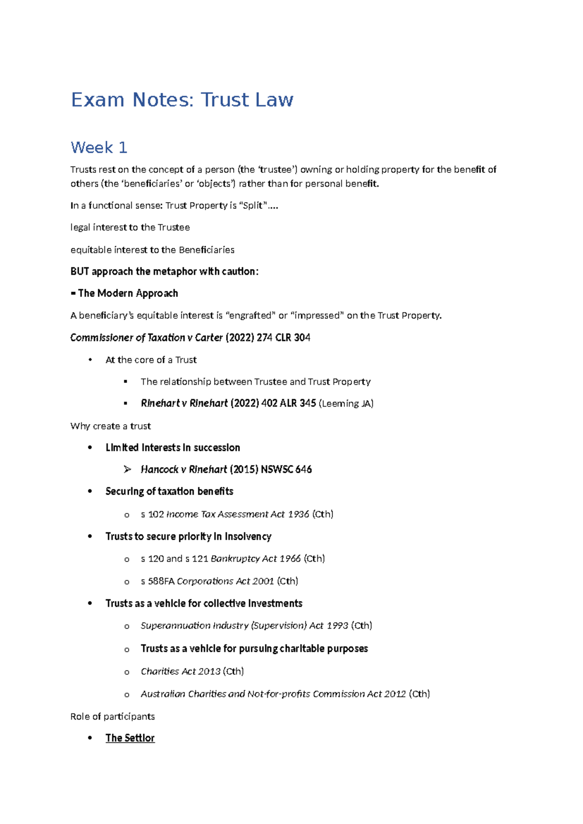 Trust Law Exam Notes: Week 1 Overview and Key Concepts - Studocu