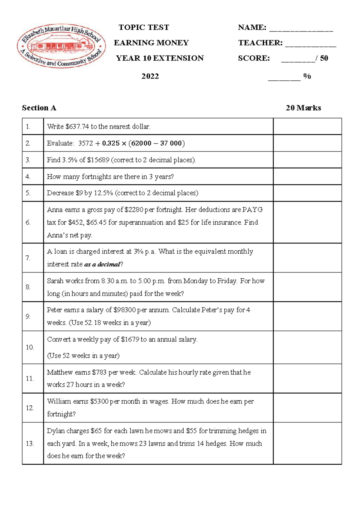 Year 10 Ext 2022 Topic Test - Earning Money & Interest - Studocu