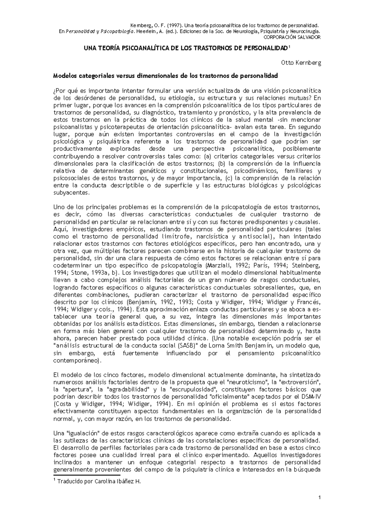 KERNBERG: Teoría Psicoanalítica de los Trastornos de Personalidad - Document Preview