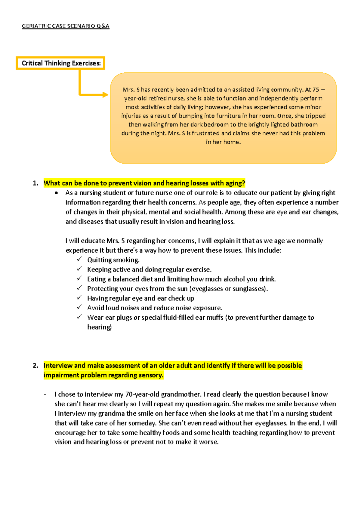 Geriatric Case Study on Sensory Impairments: Q&A for Nursing Students ...