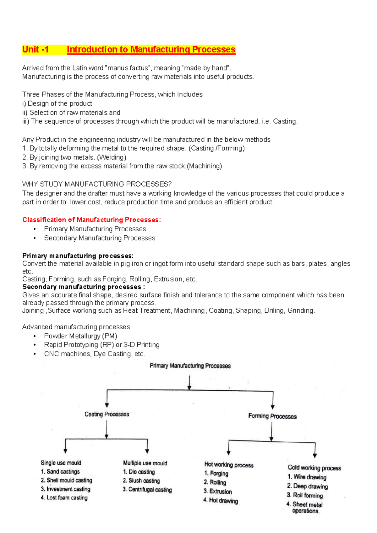 Manufacturing Processes: Casting Notes for Engineering Studies - Studocu