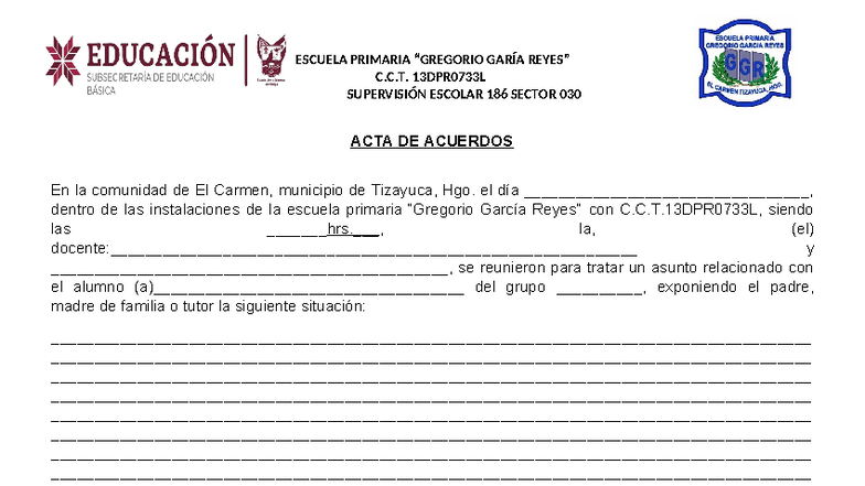 Acta de Acuerdos y Compromisos - ESCUELA PRIMARIA GARÍA C.C.T