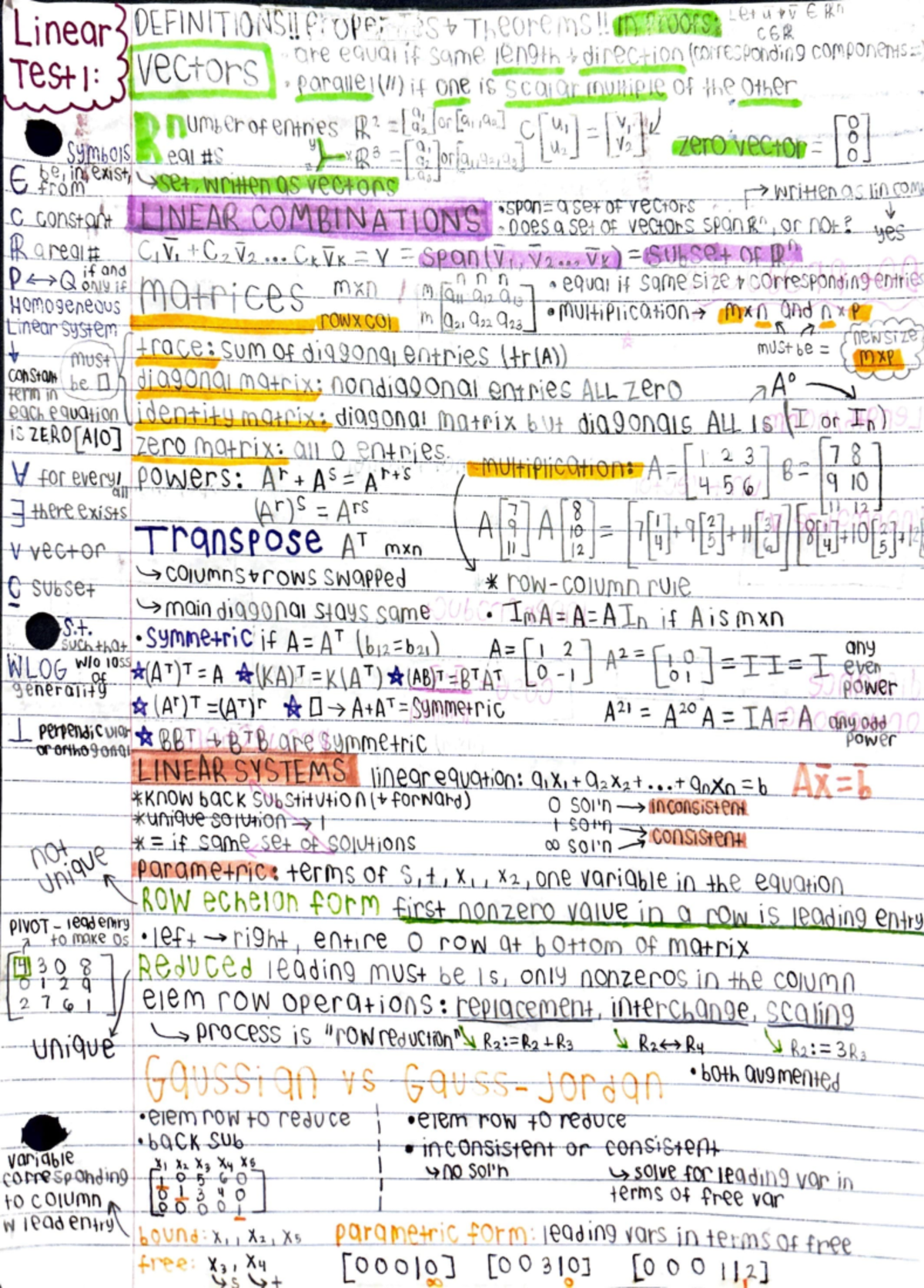 Linear Algebra Study Guide for Test 1 (Course Code Included) - Studocu
