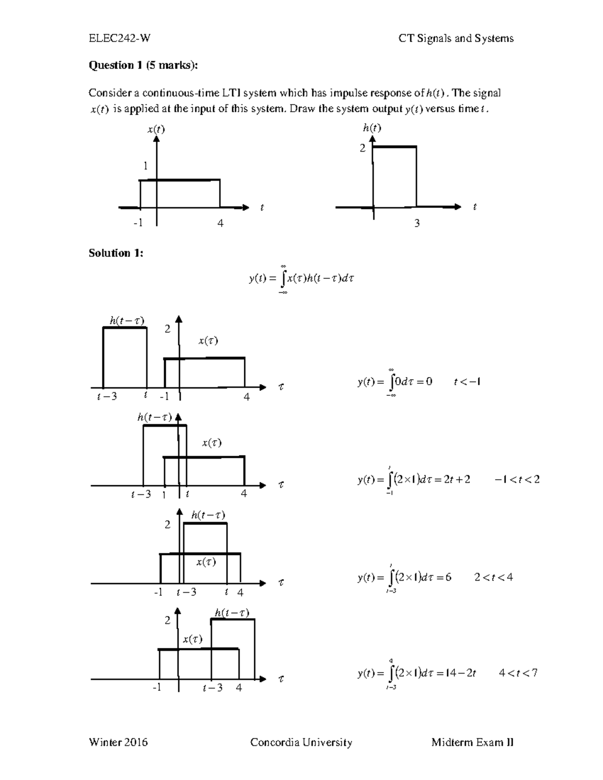 Midterm Exam II Solutions for CT Signals and Systems (ELEC242) Winter ...