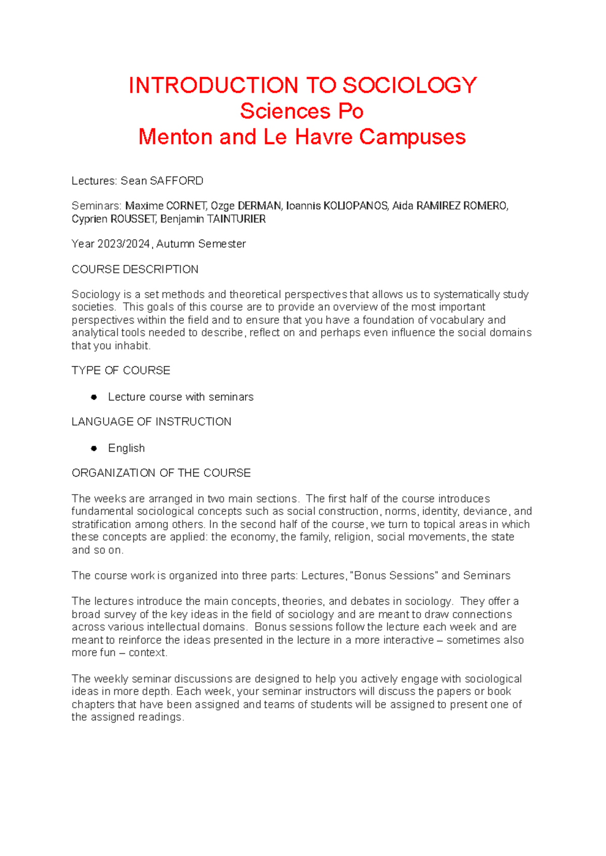 Introduction to Sociology (AUT 2023) Lecture & Seminar Syllabus - Studocu