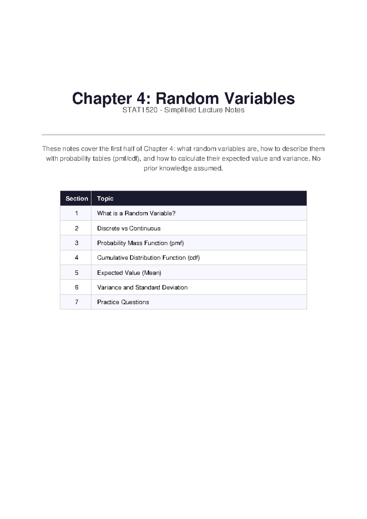 STAT1520 Chapter 4: Simplified Notes on Random Variables - Studocu