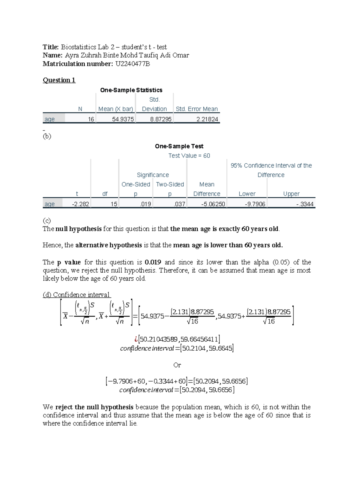 Biostatistics Lab 2 - t Test Analysis and Results - Studocu