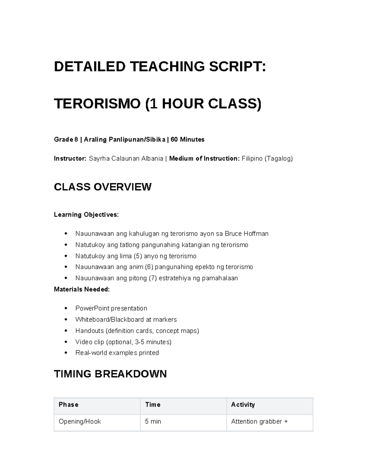 Detailed Teaching Script on Terrorism (Grade 8 Araling) - Studocu