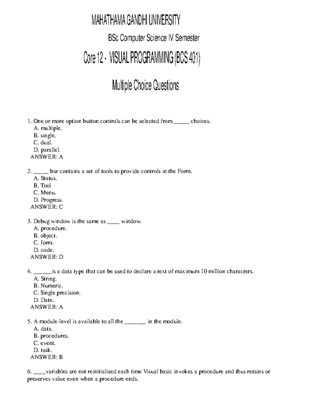 Visual Programming MCQs - BCS 401 - BSc CS IV Sem - Studocu