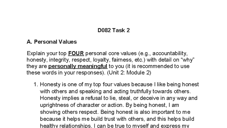 D082 Task 2 - Exploring My Top Four Personal Core Values - Studocu