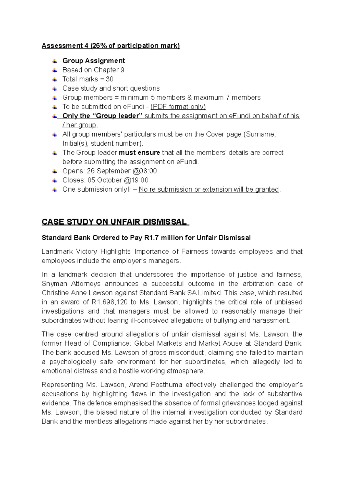 LARM 321 - Group Assignment: Case Study on Unfair Dismissal - Studocu