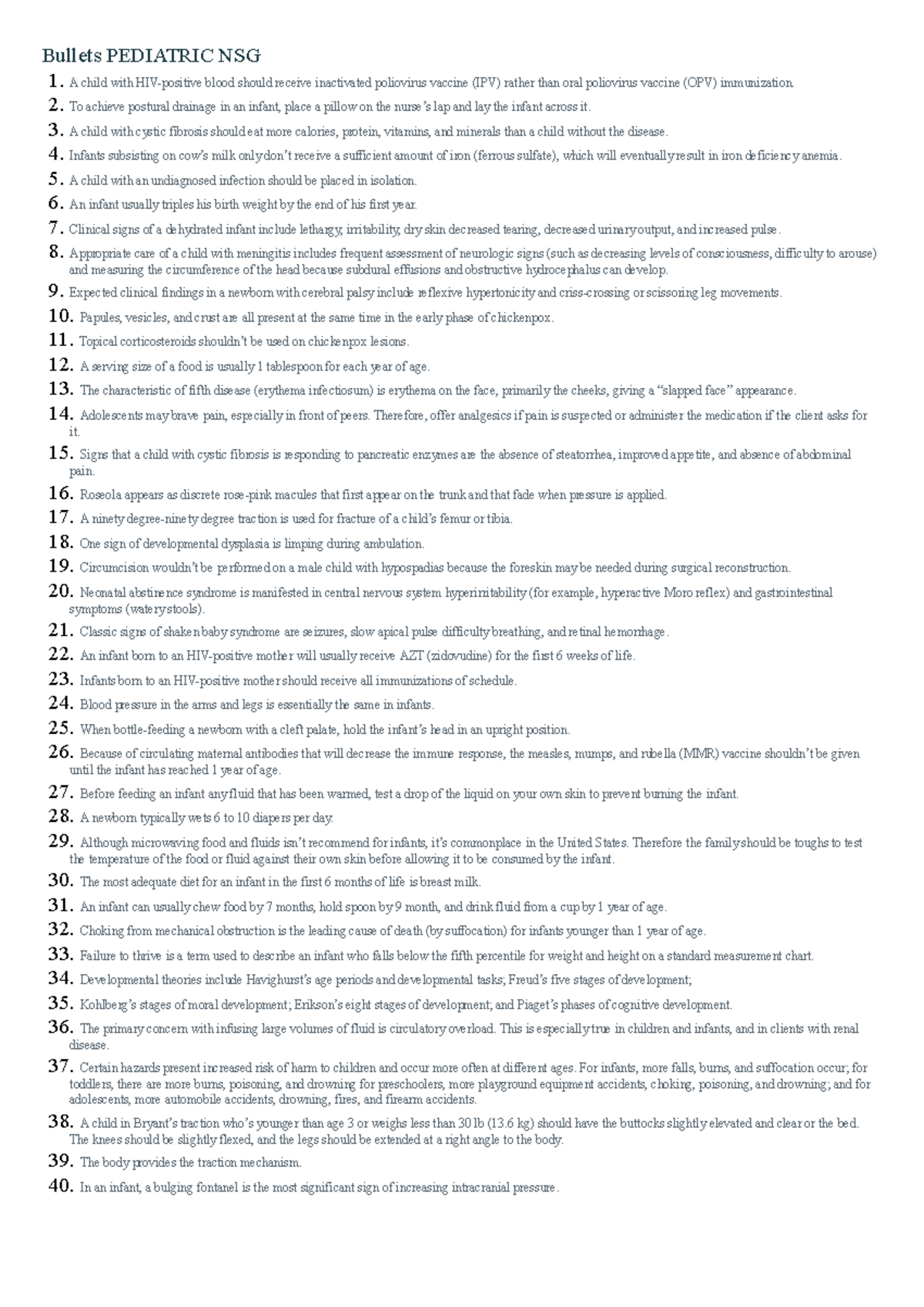 Pediatric Nursing Bullets: Key Points for Care and Management - Studocu