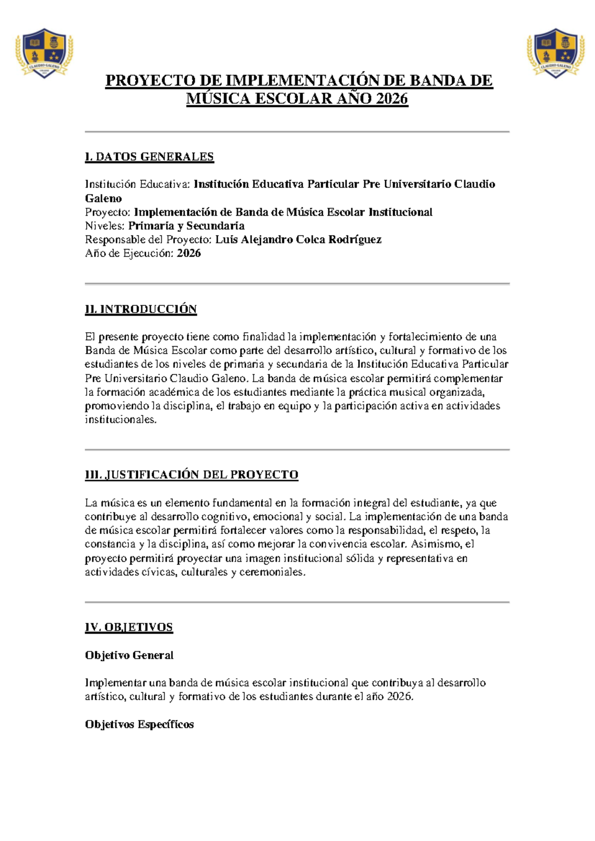 Proyecto de Implementación de Banda de Música Escolar 2026 - Document Preview