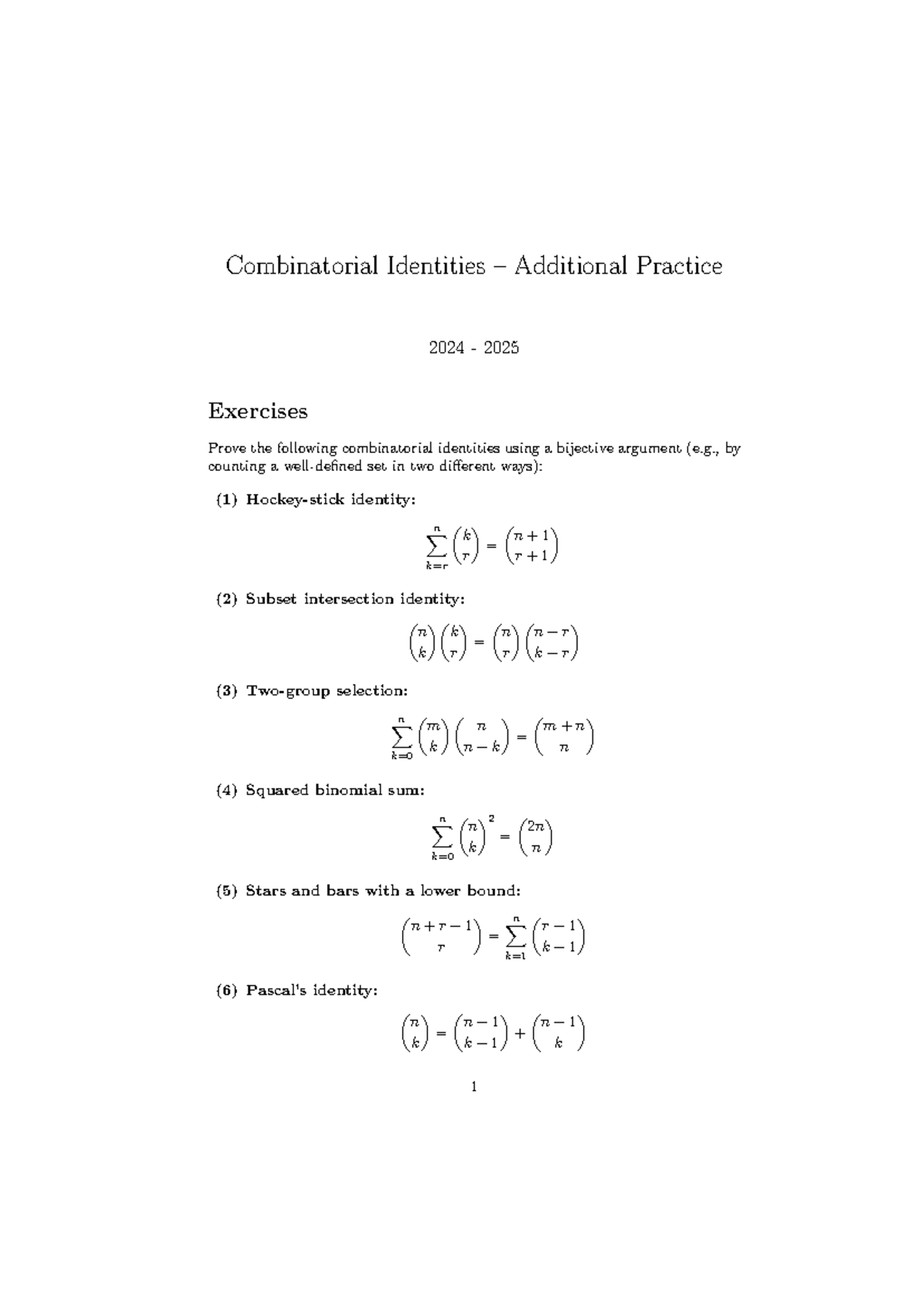 Combinatorial Identities Exercises for Practice 2024-2025 - Studeersnel