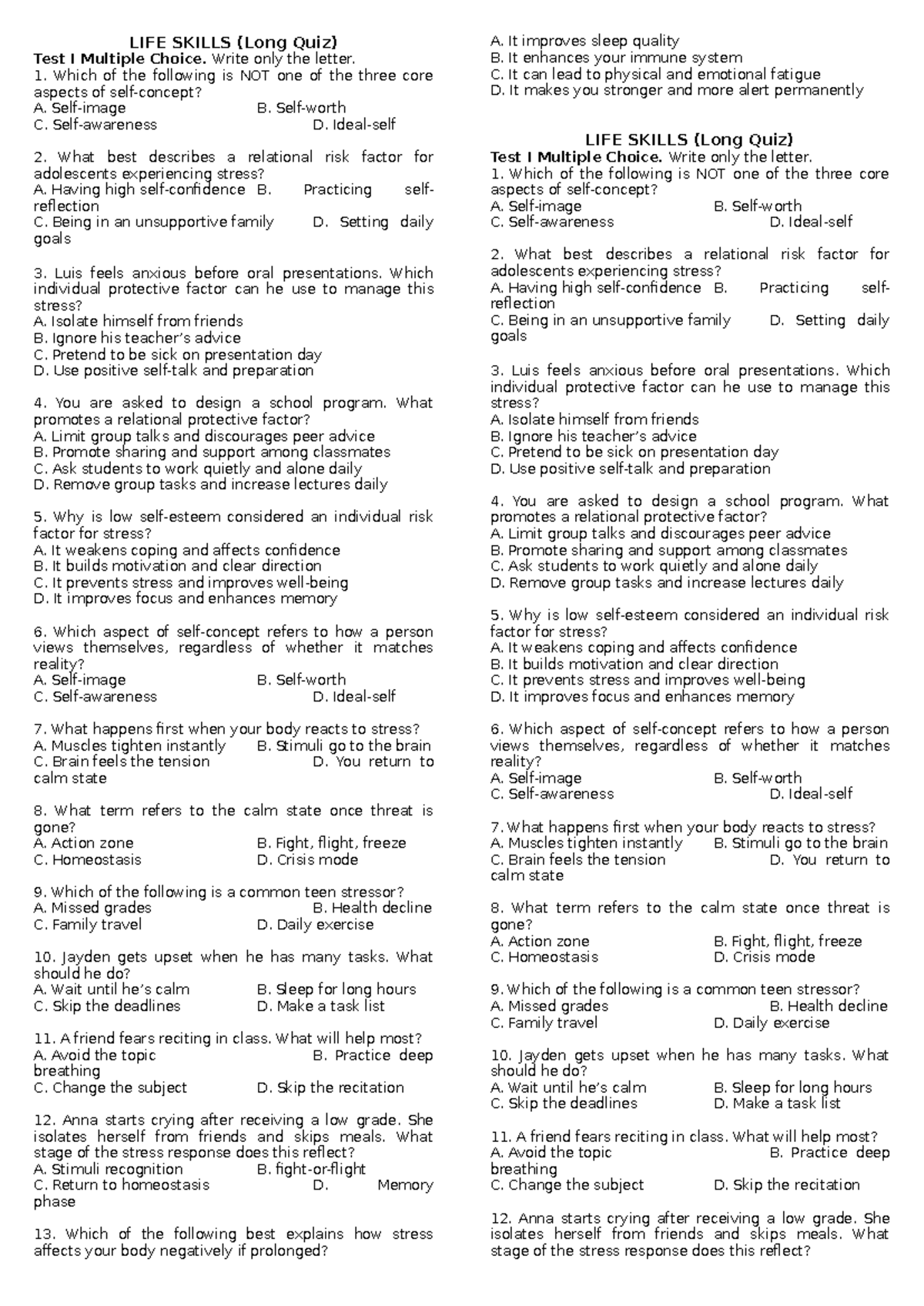 LIFE SKILLS (Long Quiz) Test I: Multiple Choice Questions - Studocu
