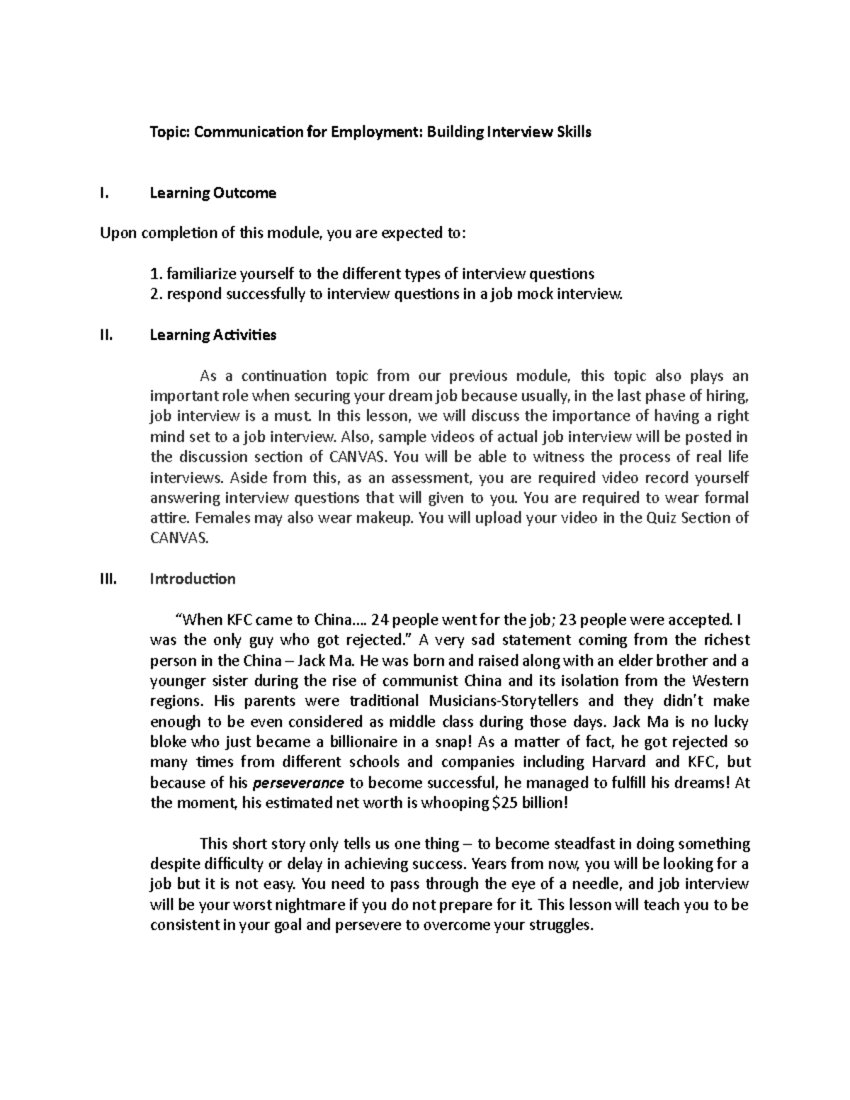 Communication for Employment: Interview Skills Development Module - Studocu