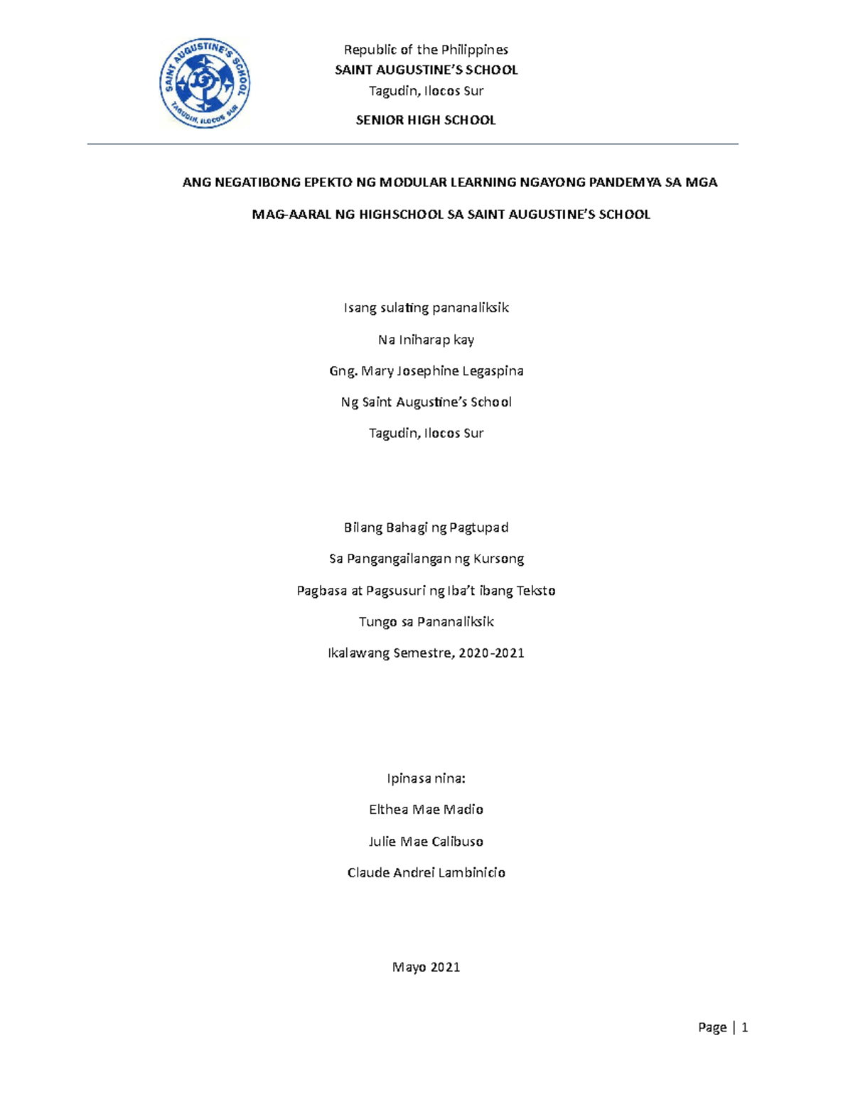 Research FILIPINO Negatibong Epekto ng Modular Learning - SAINT ...