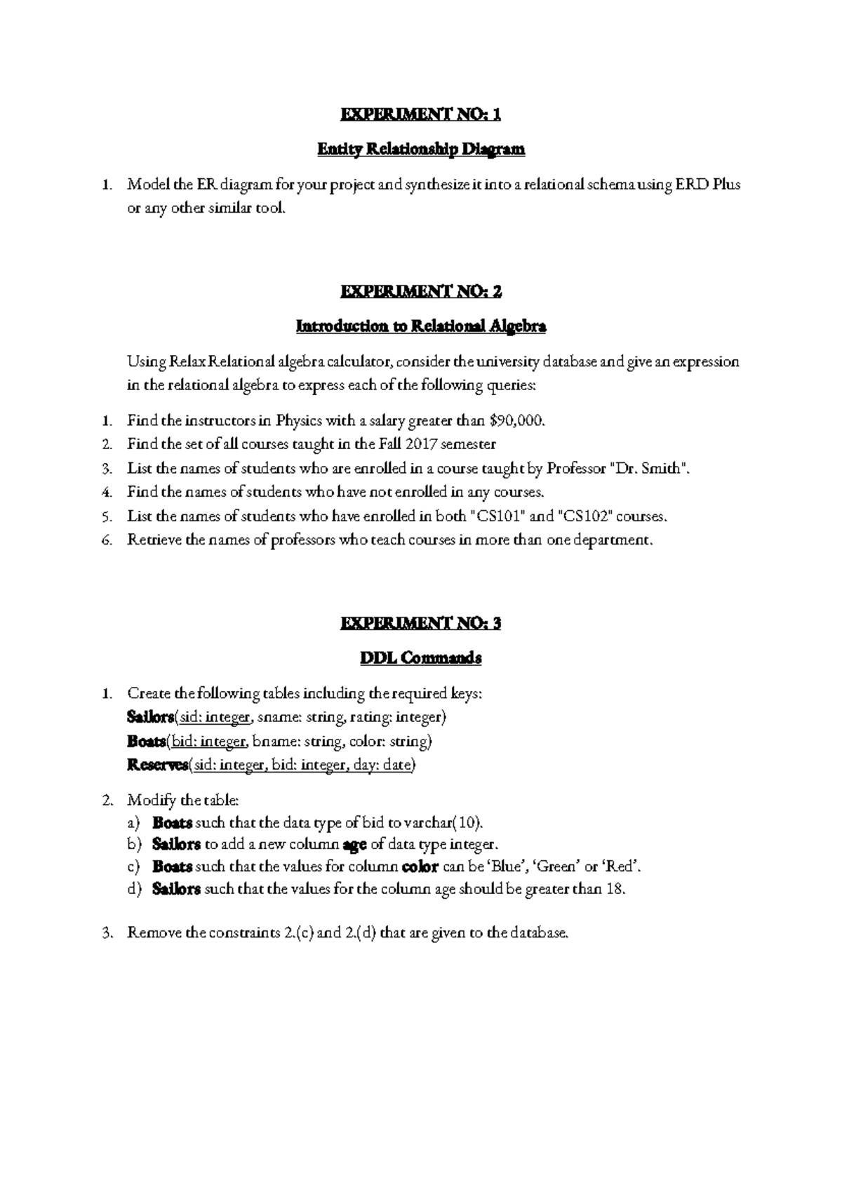15238 DBMS LAB Cycle 24: ER Diagrams, Relational Algebra & SQL Commands ...