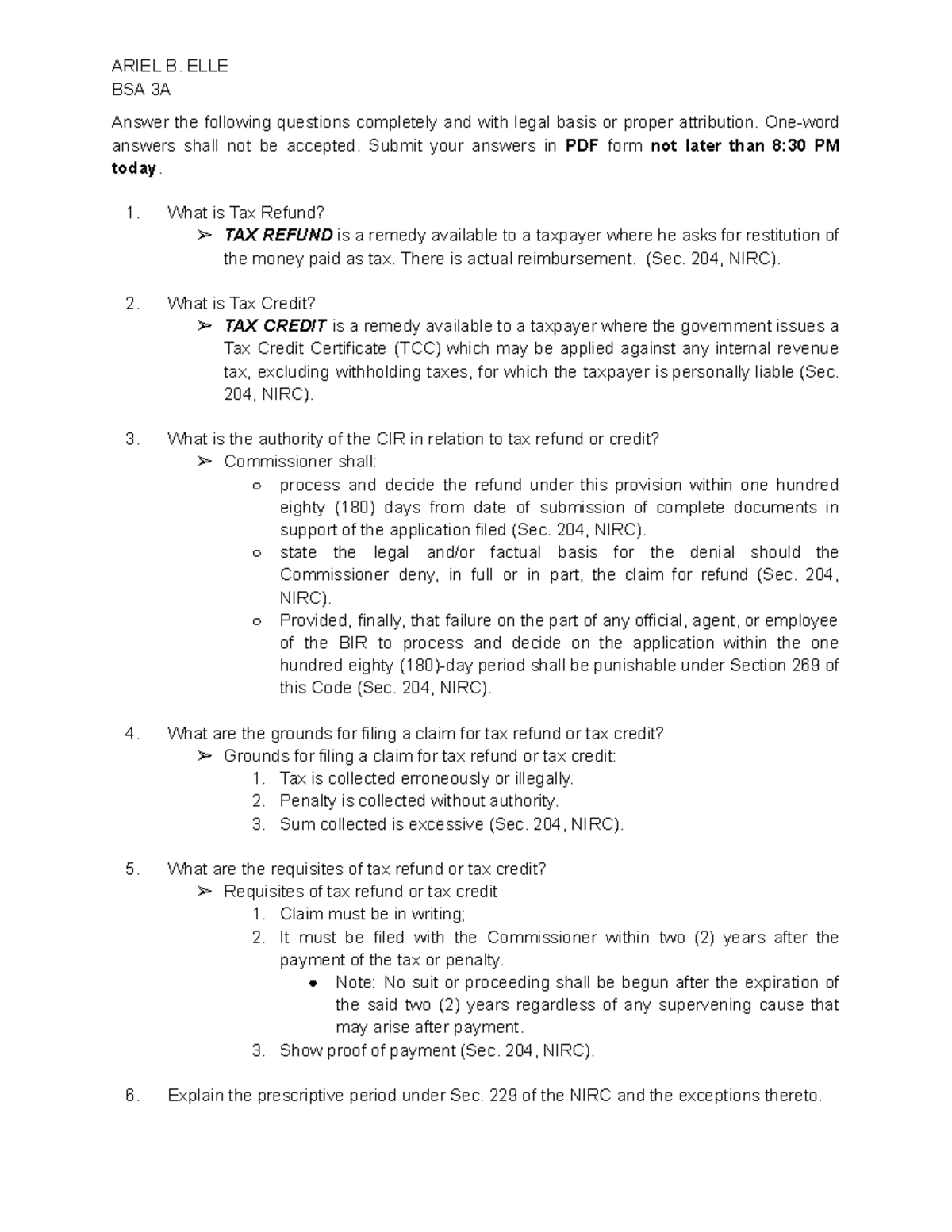 BSA 3A Tax Refund and Credit: Legal Basis and Requisites - Studocu