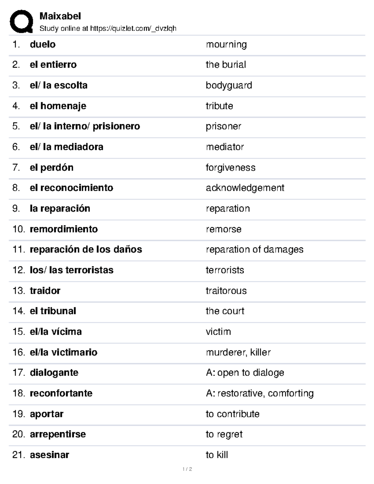Maixabel Vocabulary Study Guide: Key Terms and Definitions - Studocu