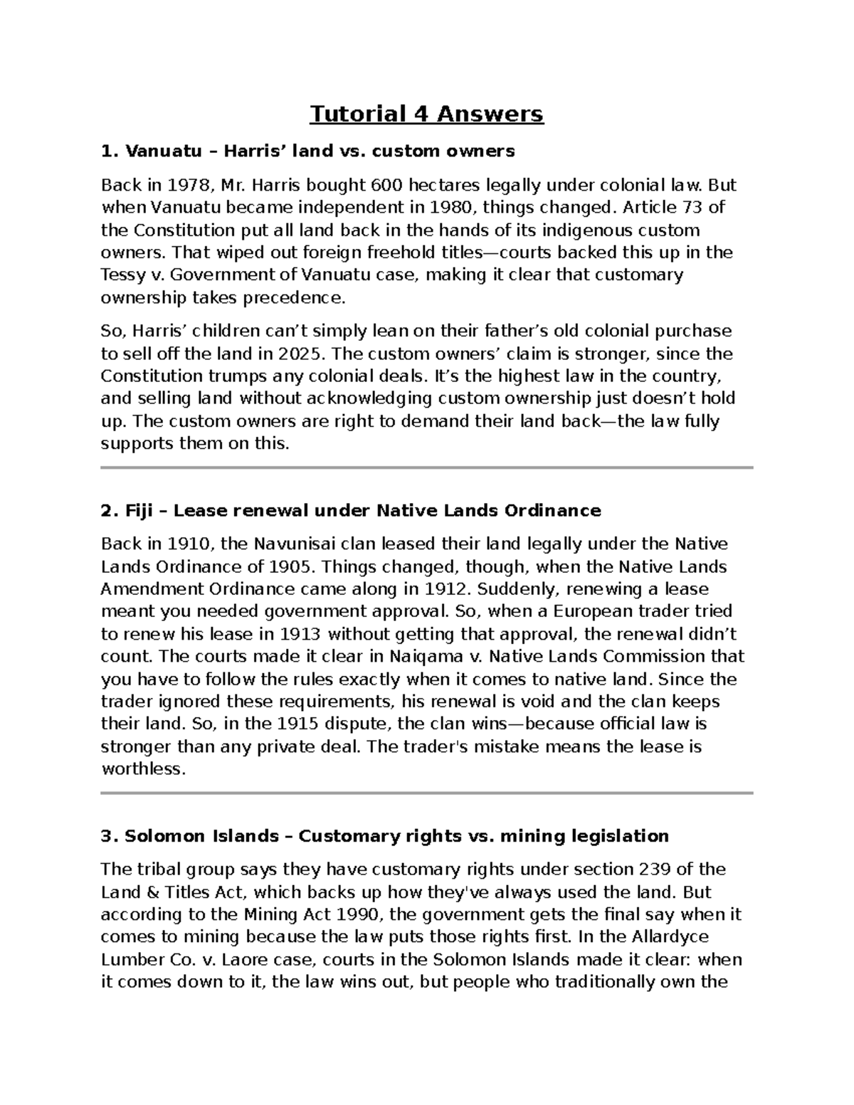 Tutorial 4 Answers: Land Rights and Legal Principles in the Pacific ...