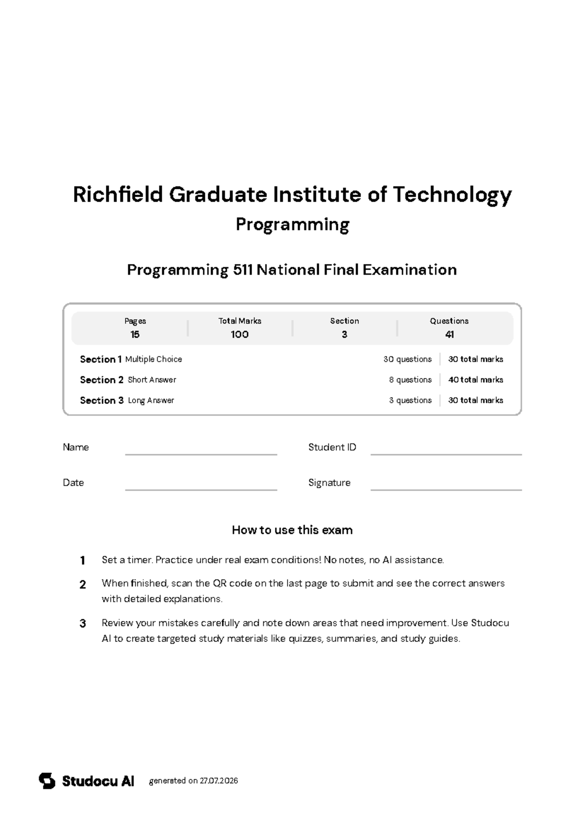 Programming 511 National Final Examination - Studocu