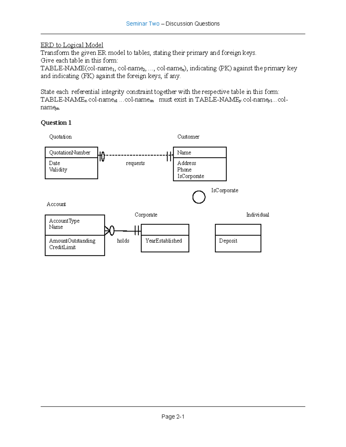 Seminar 2 Discussion Questions-With worked out parts in Lab - ERD to ...