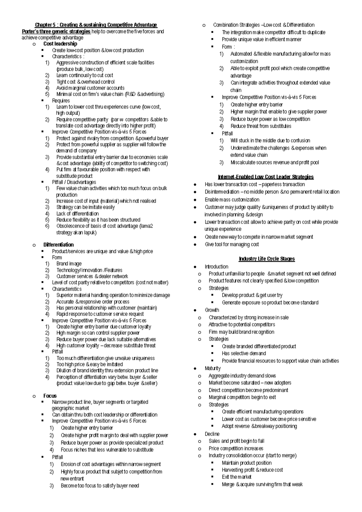 MAF661 Final Notes: Competitive Advantage Strategies and Innovation ...