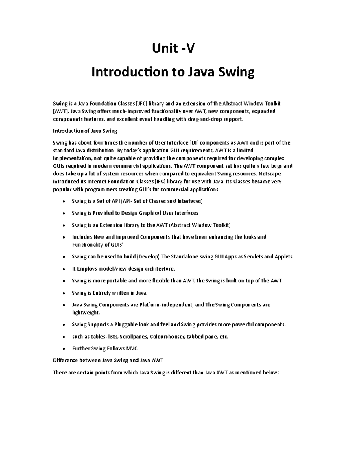Unit 5 Java - Comprehensive Notes on Java Swing and MVC Design Pattern ...