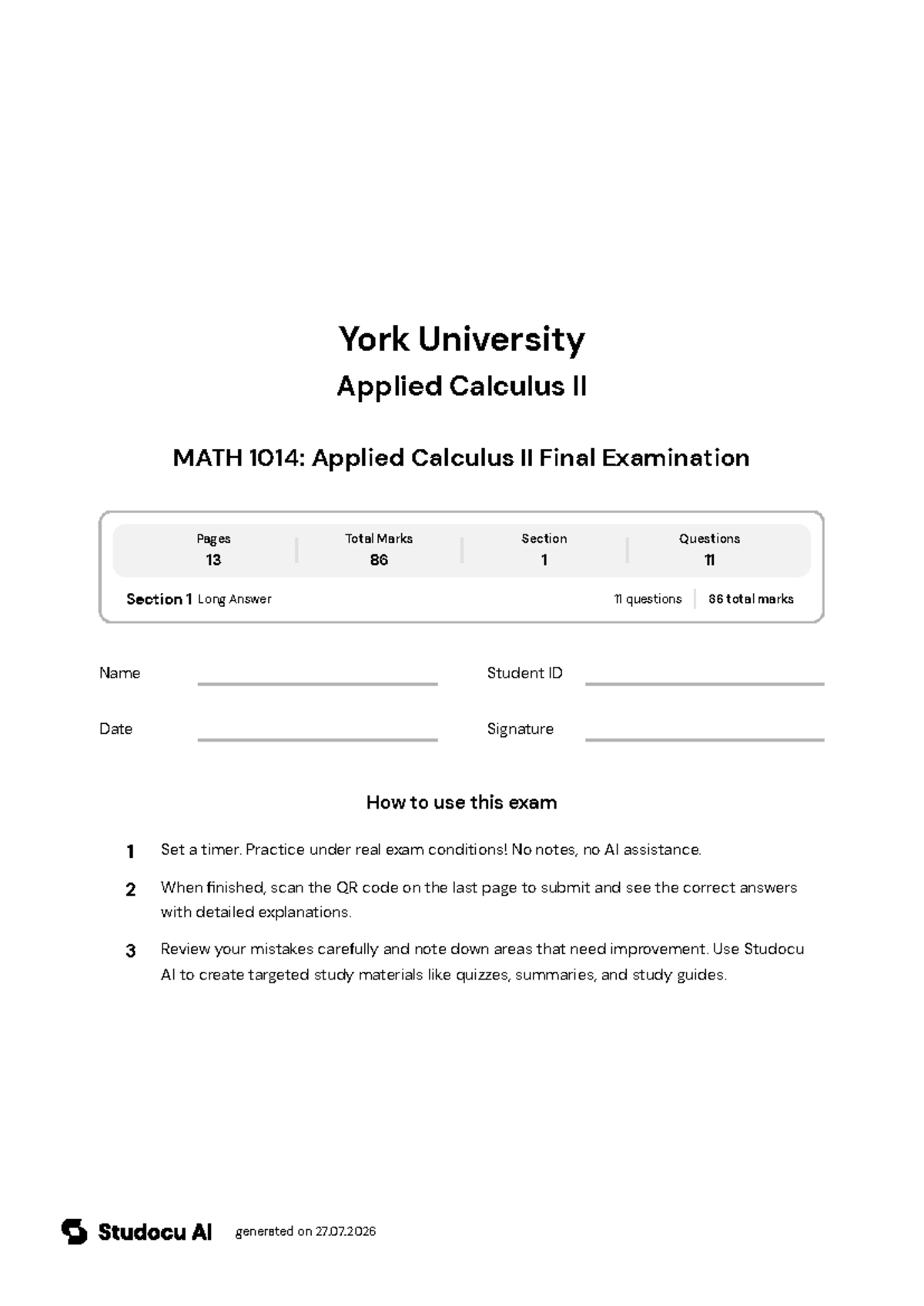 MATH 1014: Applied Calculus II Final Exam - Studocu