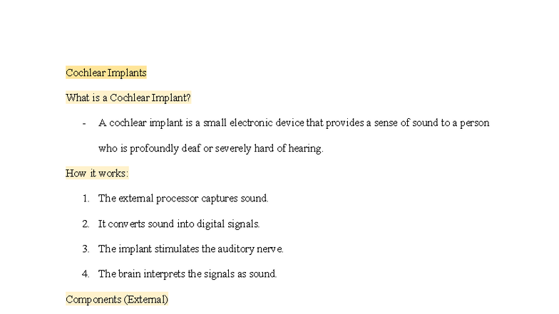 COSD Notes - Overview of Cochlear Implants and Their Benefits - Studocu