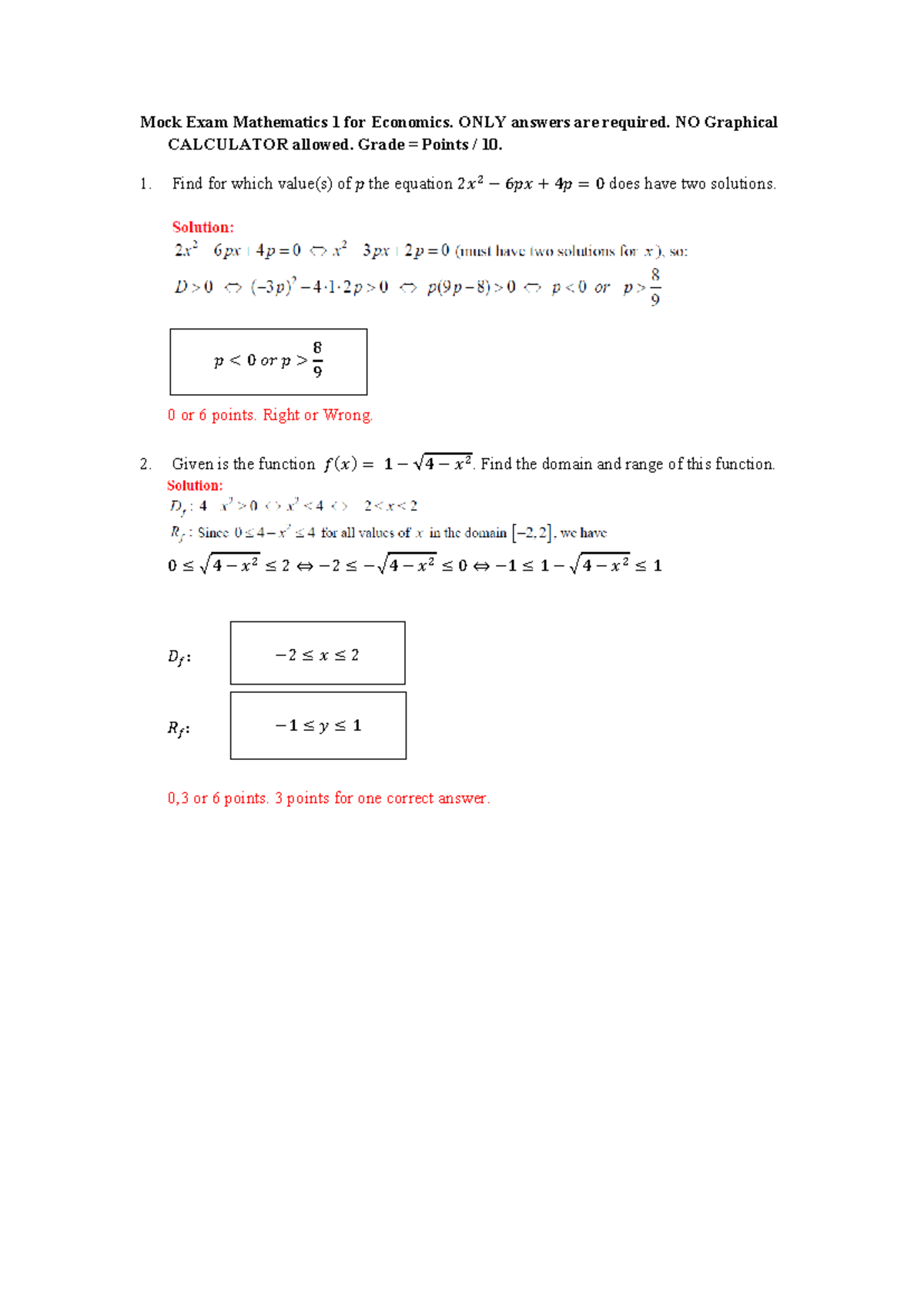 Midterm Mock Exam MATH 1 for Economics 2021 Solutions - Studeersnel