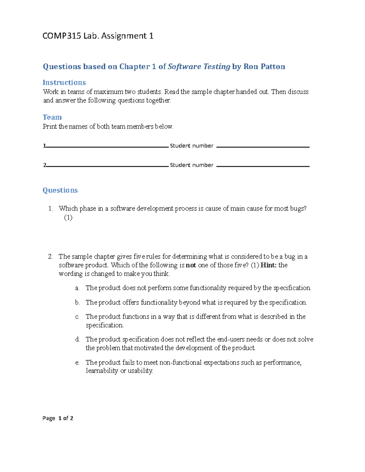 COMP315 Lab Assignment 1: Software Testing Questions from Chapter 1 ...