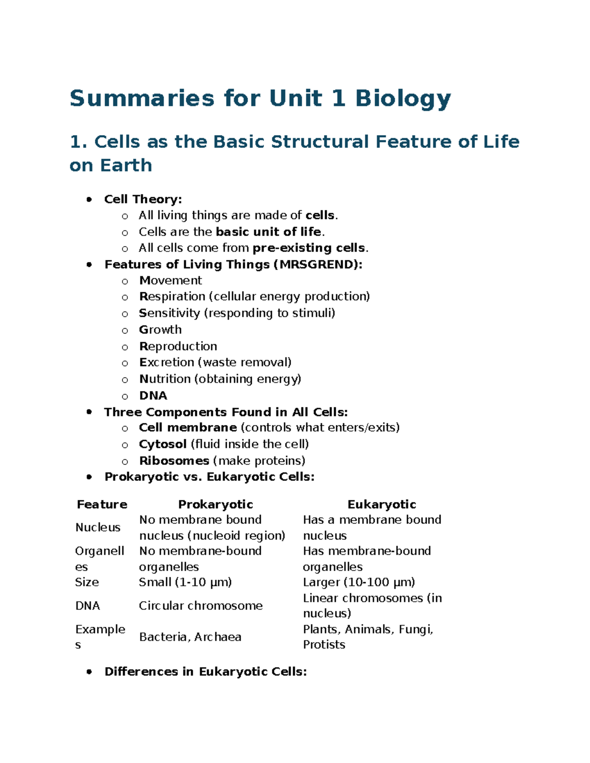 Biology 1 Final Exam Notes: Unit 1 - Cells and Cell Theory - Studocu