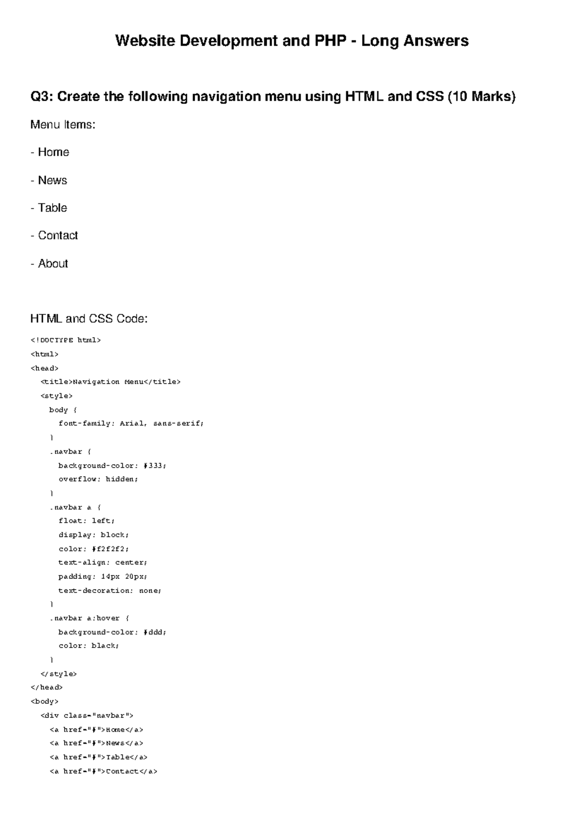 Q3 Q4 Website PHP Answers - Website Development and PHP - Long Answers ...