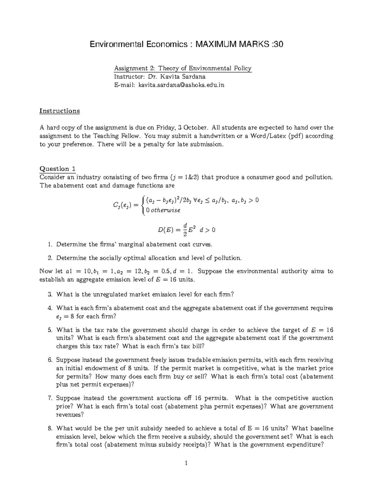 Environmental Economics: ECO-3700 Assignment 2 on Environmental Policy ...