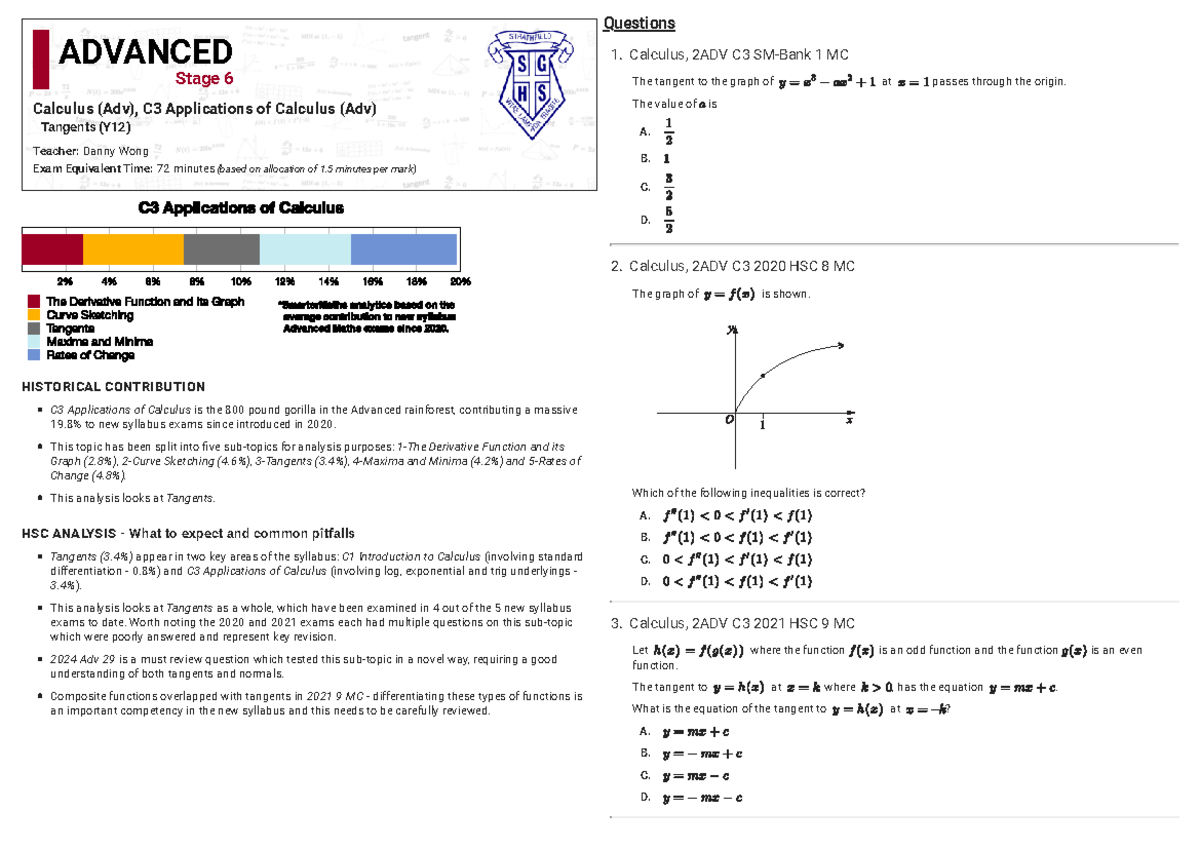 Tangents Analysis for Calculus 2ADV C3 - HSC Exam Insights - Studocu