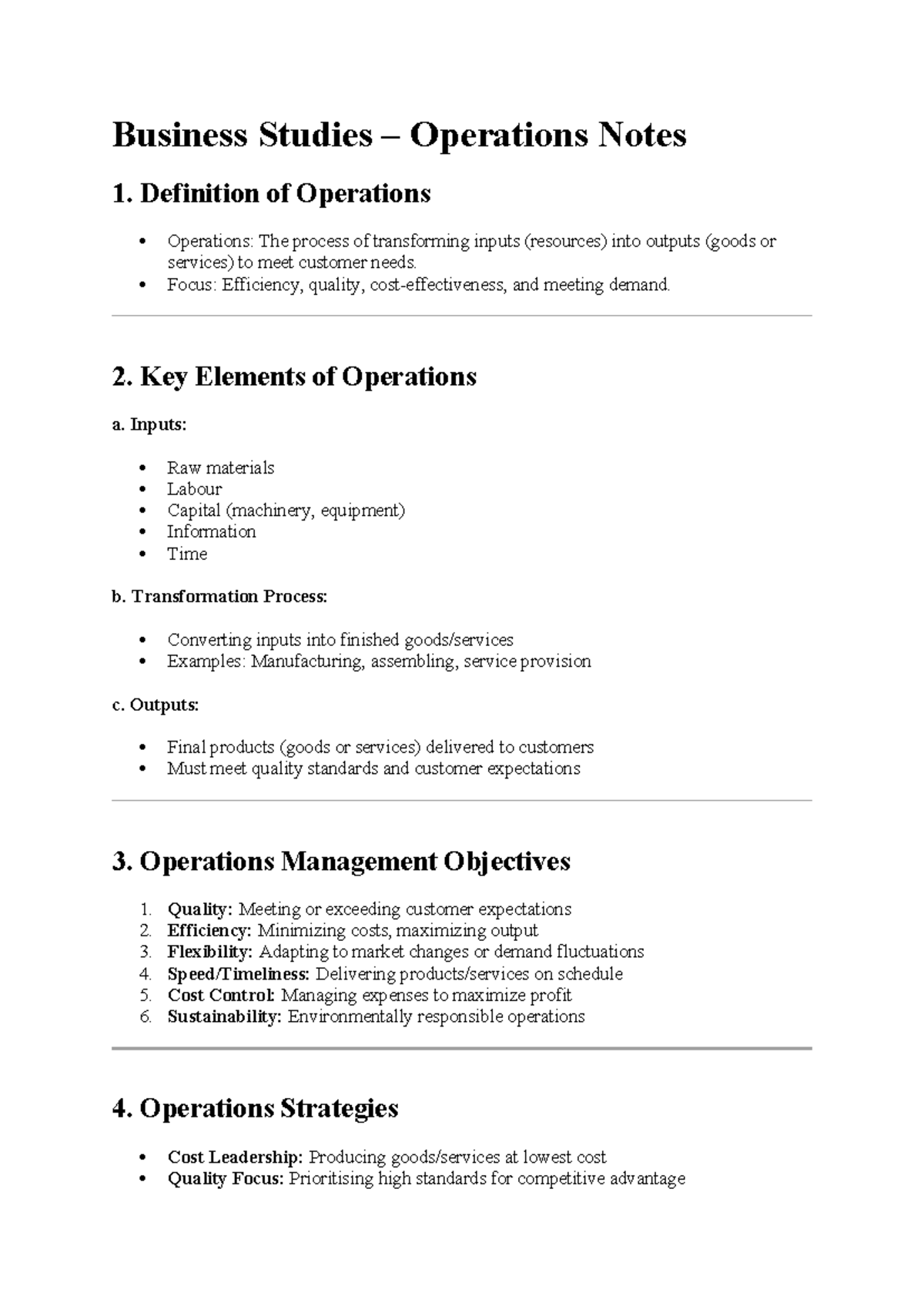 Business Studies Operations Notes: Key Concepts & Strategies - Studocu