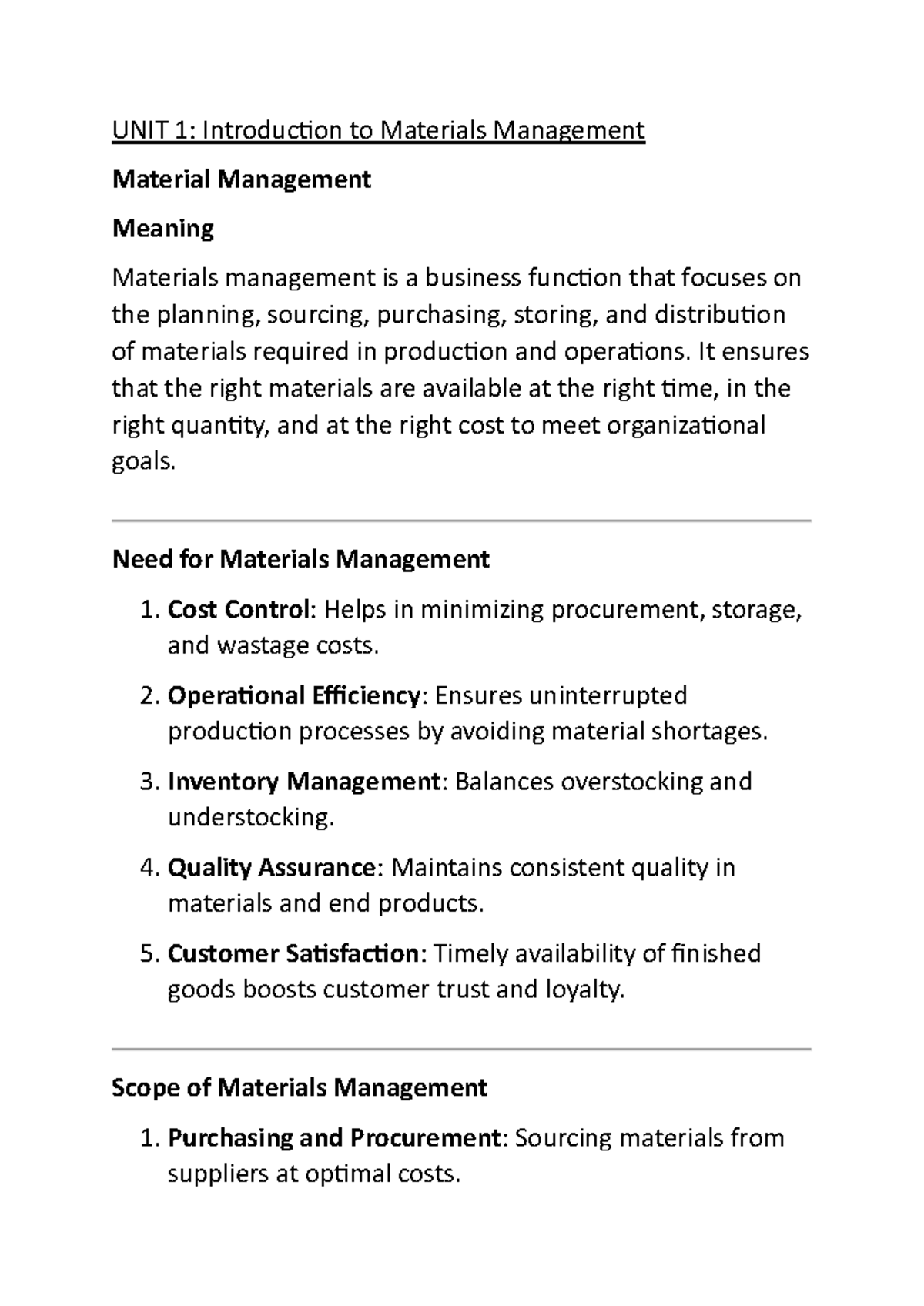 Materials Management Overview: Key Concepts & Strategies (Unit 1) - Studocu