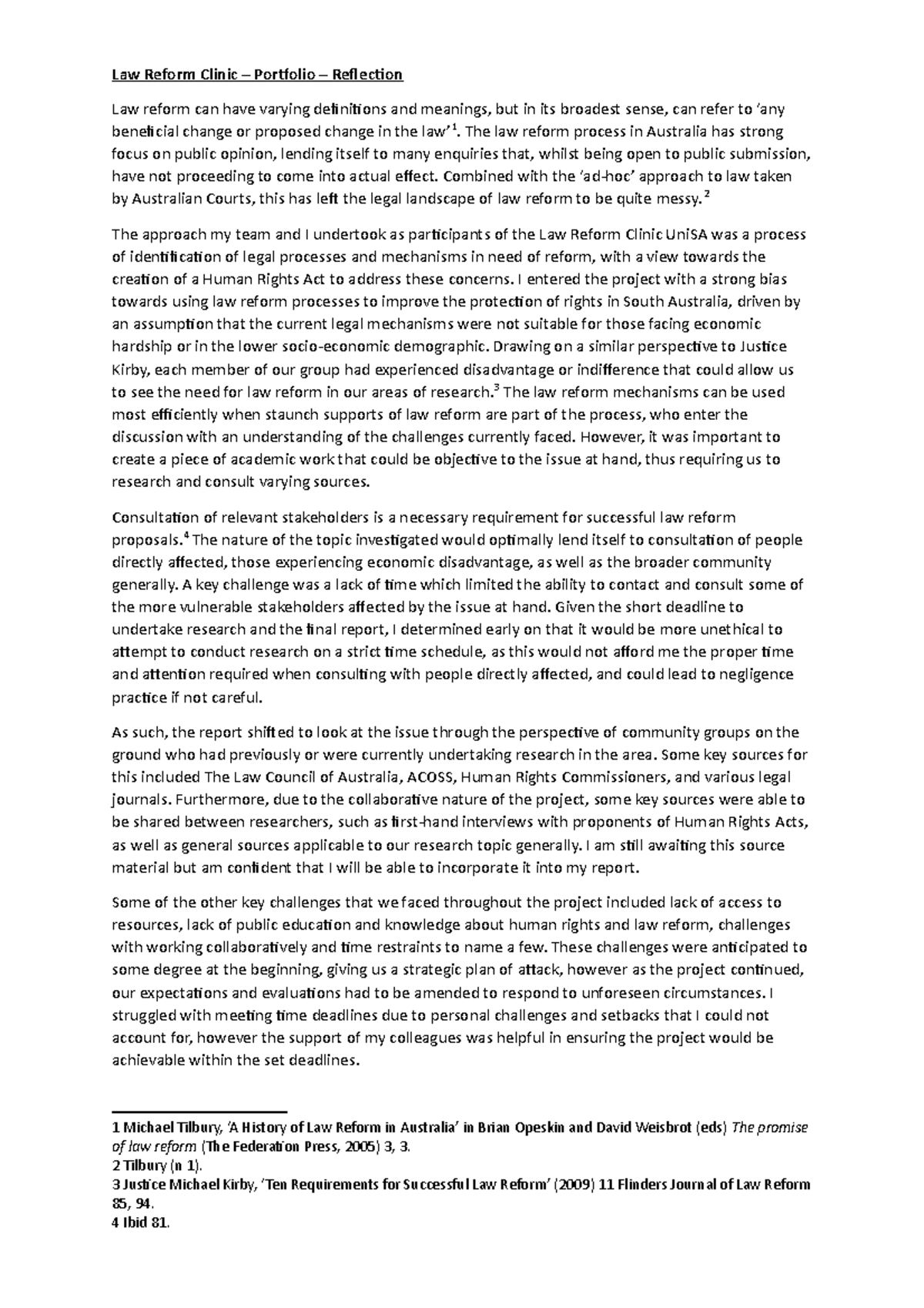 Law Reform Clinic (LAW101) - Project Reflection and Insights - Studocu