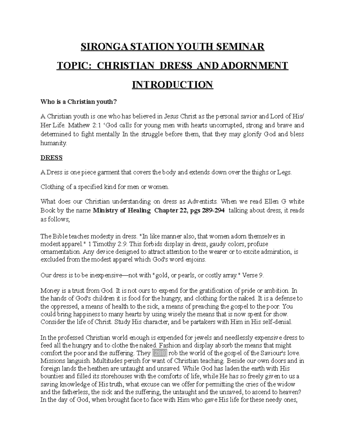 Sironga Station Youth Seminar: Christian Dress & Adornment Insights ...
