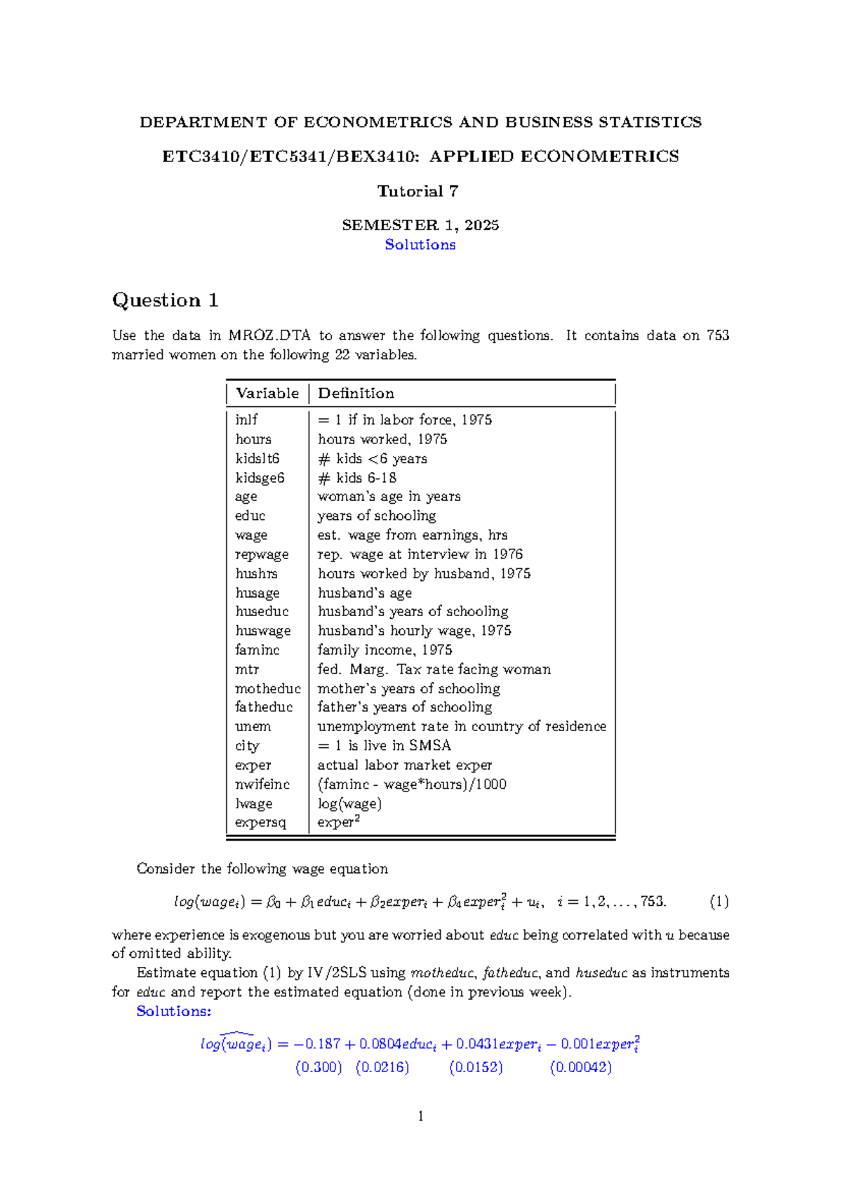 Applied Econometrics Tutorial 7 Solutions (ECO 2025) - Studocu